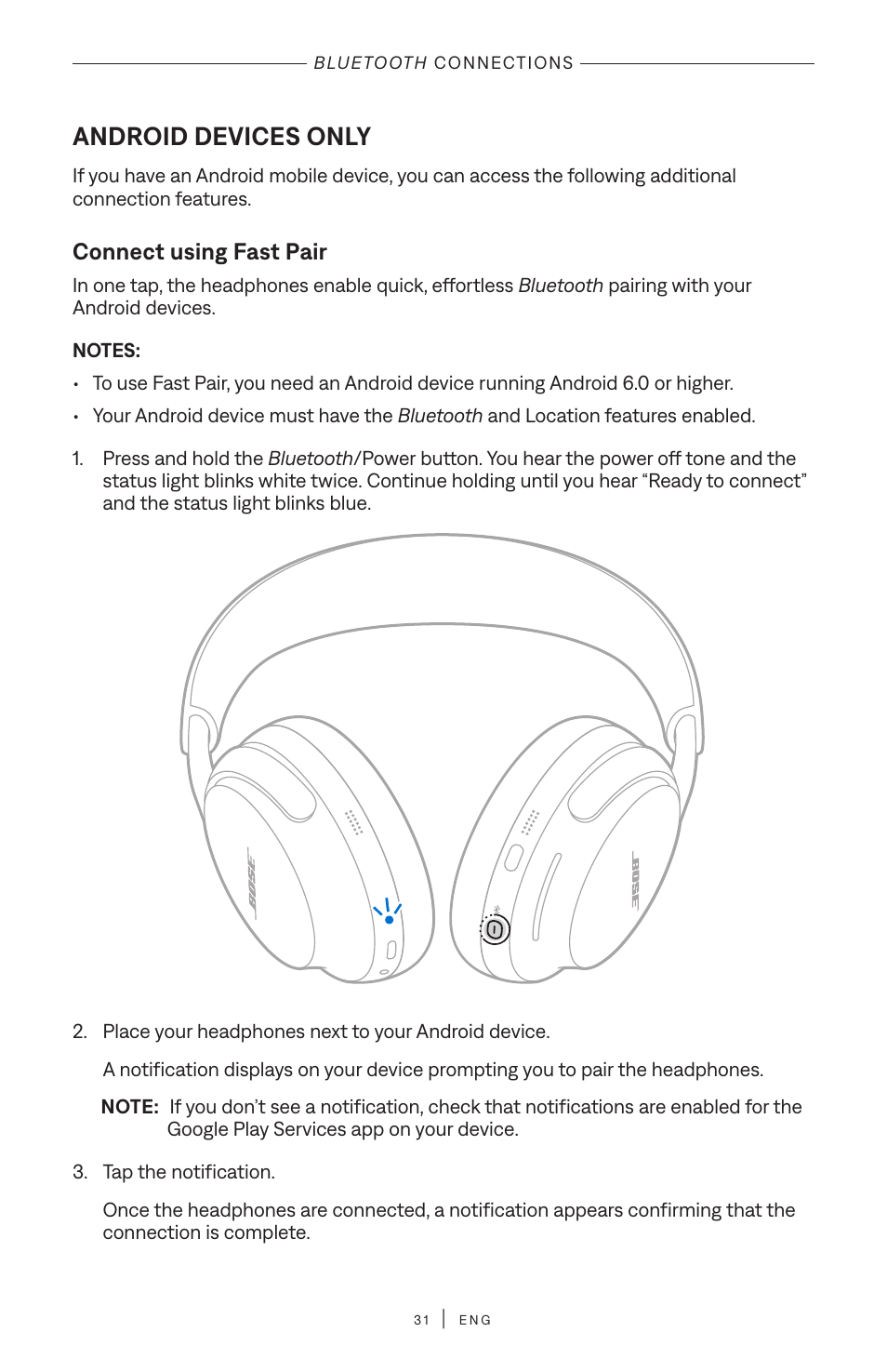 Android devices only, Connect using fast pair, Android™ devices only | Bose QuietComfort Ultra Wireless Noise Canceling Over-Ear Headphones (White Smoke) User Manual | Page 31 / 56