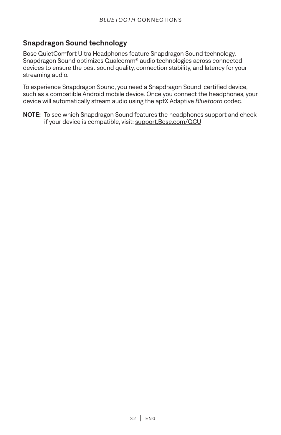 Snapdragon sound technology, Snapdragon sound™ technology | Bose QuietComfort Ultra Wireless Noise Canceling Over-Ear Headphones (White Smoke) User Manual | Page 32 / 56