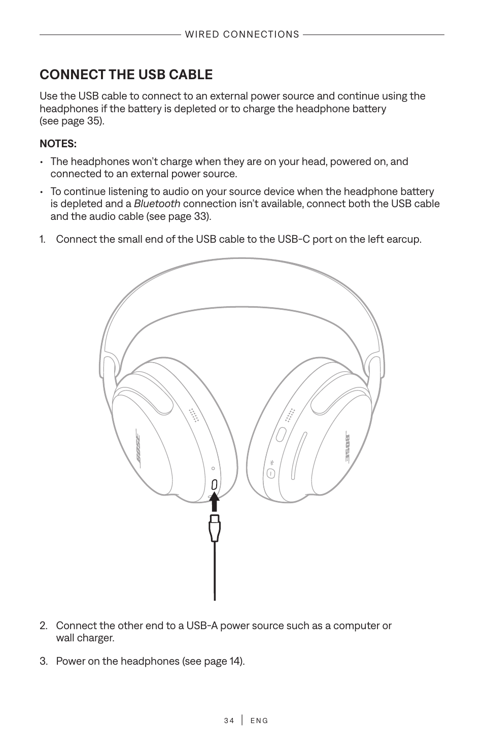 Connect the usb cable | Bose QuietComfort Ultra Wireless Noise Canceling Over-Ear Headphones (White Smoke) User Manual | Page 34 / 56