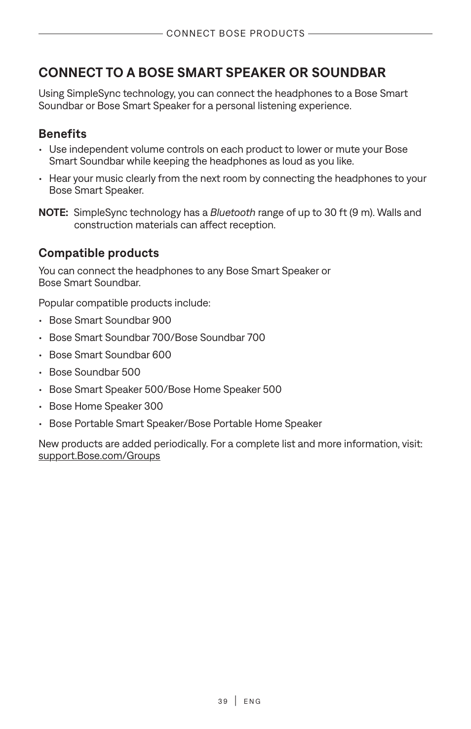 Connect bose products, Connect to a bose smart speaker or soundbar, Benefits | Compatible products | Bose QuietComfort Ultra Wireless Noise Canceling Over-Ear Headphones (White Smoke) User Manual | Page 39 / 56