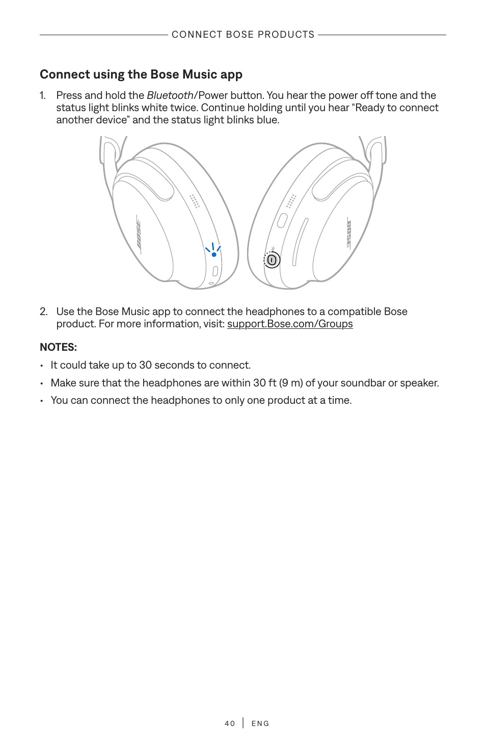 Connect using the bose music app | Bose QuietComfort Ultra Wireless Noise Canceling Over-Ear Headphones (White Smoke) User Manual | Page 40 / 56