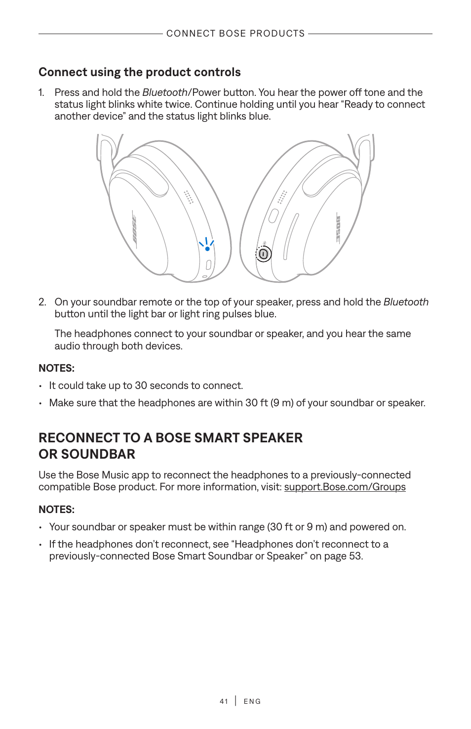 Connect using the product controls, Reconnect to a bose smart speaker or soundbar | Bose QuietComfort Ultra Wireless Noise Canceling Over-Ear Headphones (White Smoke) User Manual | Page 41 / 56