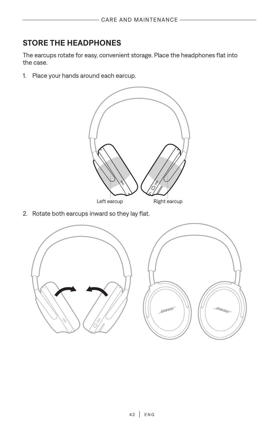 Care and maintenance, Store the headphones | Bose QuietComfort Ultra Wireless Noise Canceling Over-Ear Headphones (White Smoke) User Manual | Page 42 / 56