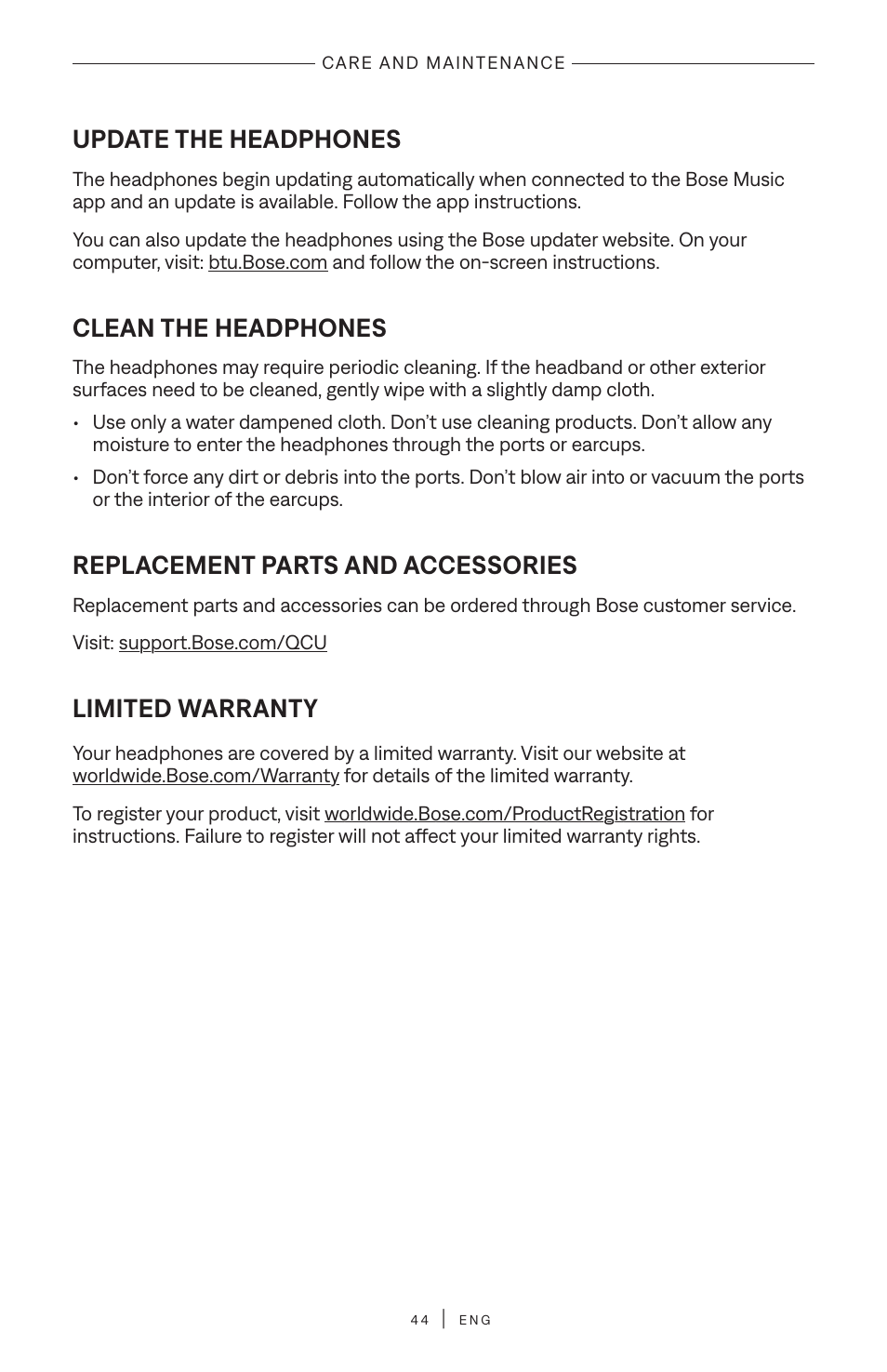 Update the headphones, Clean the headphones, Replacement parts and accessories | Limited warranty | Bose QuietComfort Ultra Wireless Noise Canceling Over-Ear Headphones (White Smoke) User Manual | Page 44 / 56