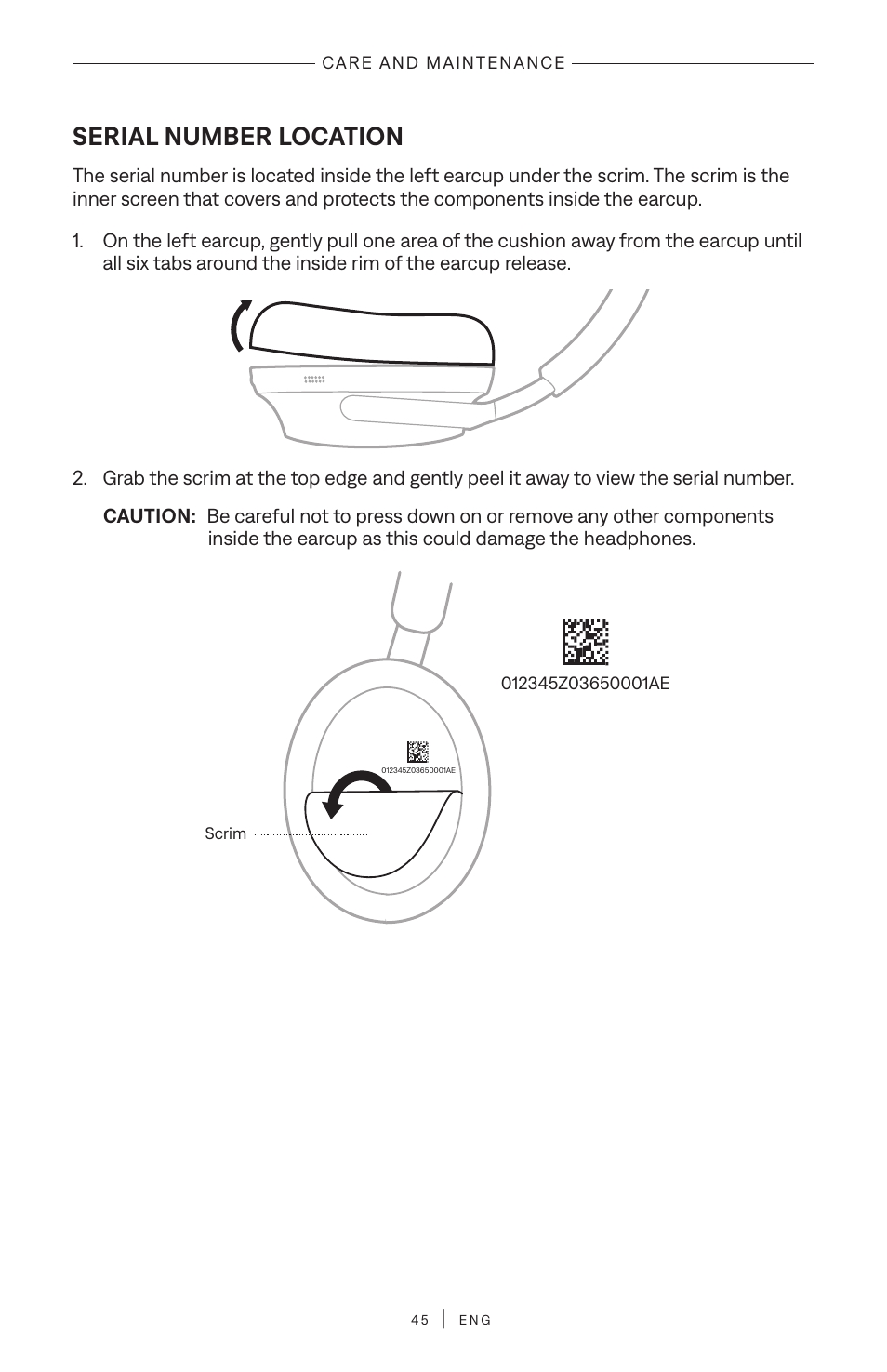 Serial number location | Bose QuietComfort Ultra Wireless Noise Canceling Over-Ear Headphones (White Smoke) User Manual | Page 45 / 56