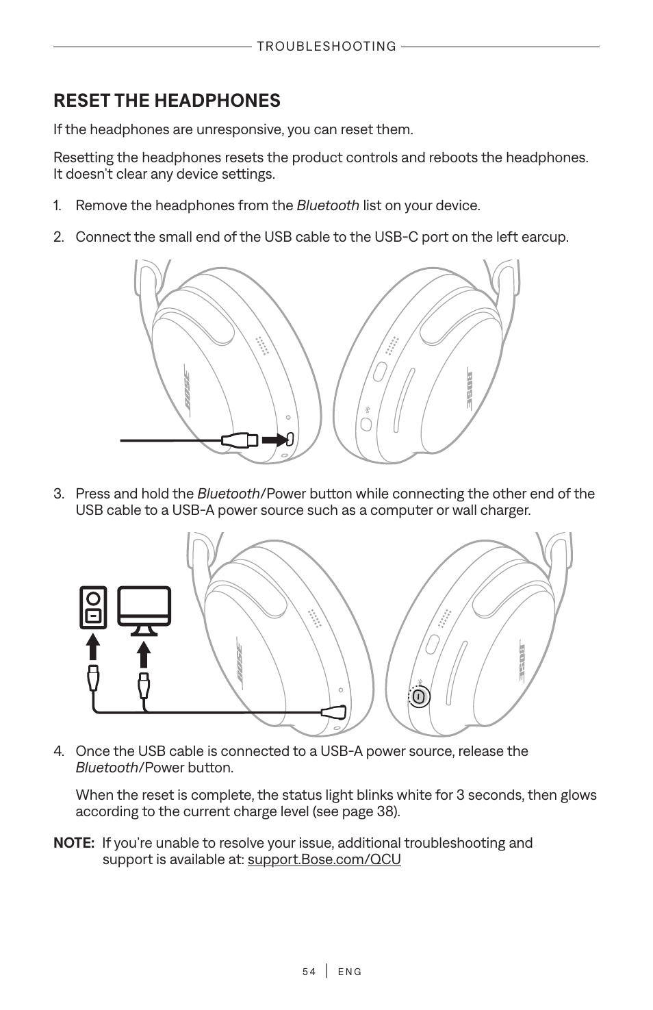 Reset the headphones | Bose QuietComfort Ultra Wireless Noise Canceling Over-Ear Headphones (White Smoke) User Manual | Page 54 / 56