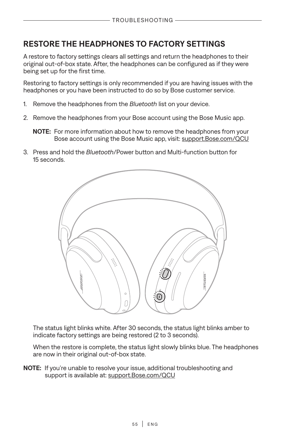 Restore the headphones to factory settings | Bose QuietComfort Ultra Wireless Noise Canceling Over-Ear Headphones (White Smoke) User Manual | Page 55 / 56