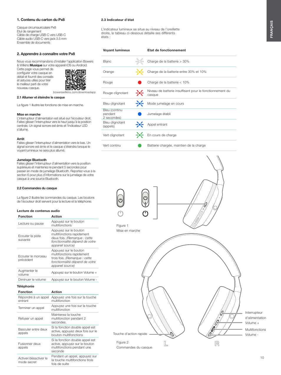 Contenu du carton du px8, Apprendre à connaître votre px8, 1 allumer et éteindre le casque | 2 commandes du casque, 3 indicateur d’état | Bowers & Wilkins Px8 Noise-Canceling Wireless Over-Ear Headphones (Royal Burgundy) User Manual | Page 10 / 120