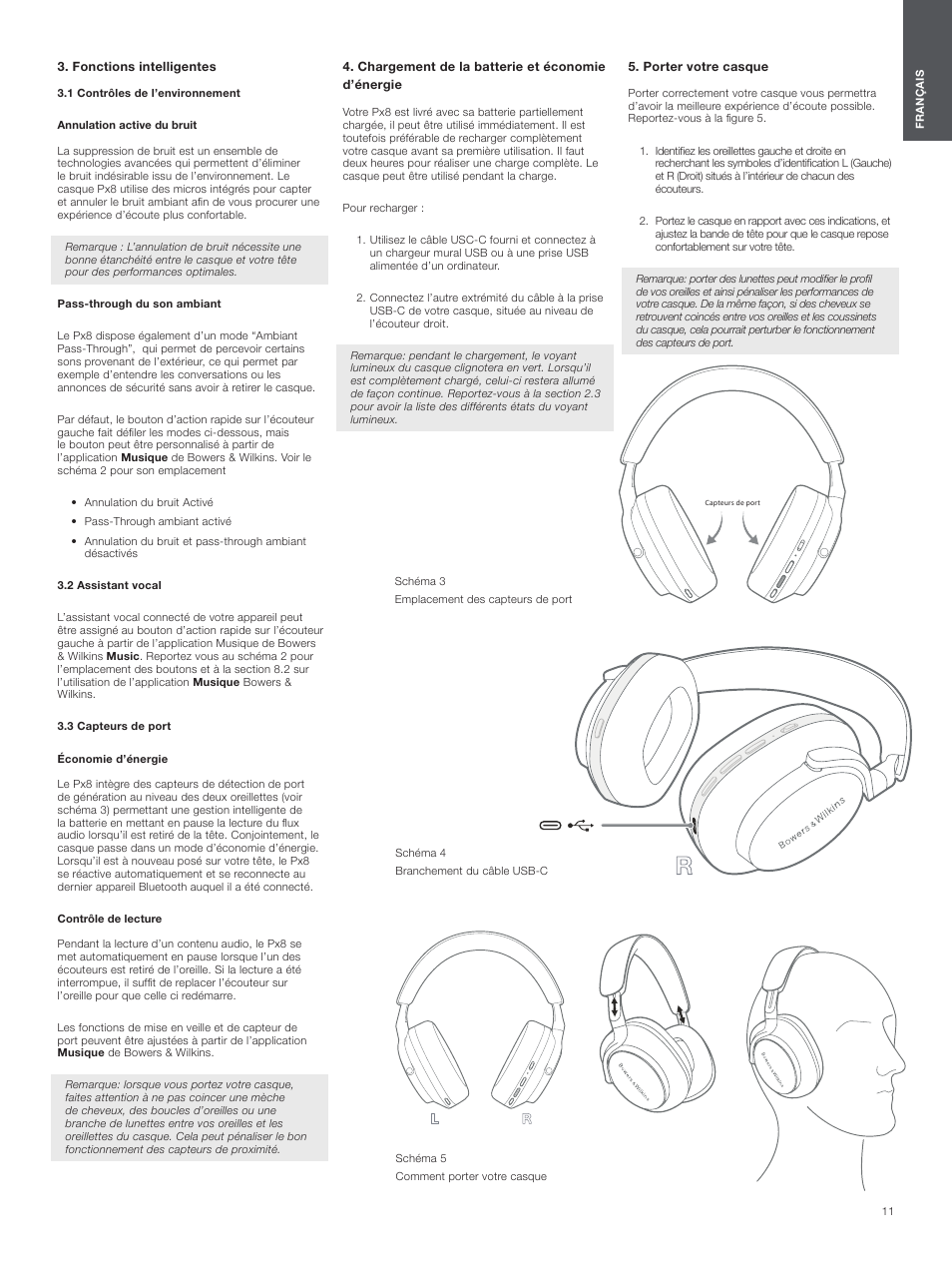 Fonctions intelligentes, 1 contrôles de l’environnement, 2 assistanc vocale | 3 capteurs de port, Chargement de la batterie et économie d’énergie, Porter votre casque | Bowers & Wilkins Px8 Noise-Canceling Wireless Over-Ear Headphones (Royal Burgundy) User Manual | Page 11 / 120