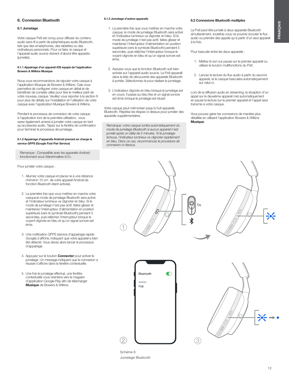 Connexion bluetooth, 1 jumelage, 3 jumelage d’autres appareils | 2 connexions bluetooth multiples | Bowers & Wilkins Px8 Noise-Canceling Wireless Over-Ear Headphones (Royal Burgundy) User Manual | Page 12 / 120