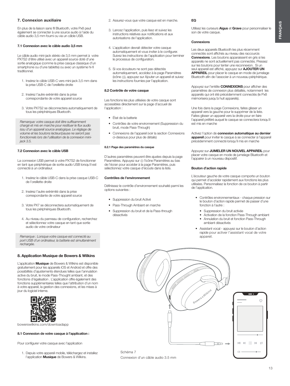 Connexion auxiliaire, 1 connexion avec le câble audio 3,5 mm, 2 connexion avec le câble usb | Application musique de bowers & wilkins, 1 connexion de votre casque à l’application, 2 contrôle de votre casque | Bowers & Wilkins Px8 Noise-Canceling Wireless Over-Ear Headphones (Royal Burgundy) User Manual | Page 13 / 120