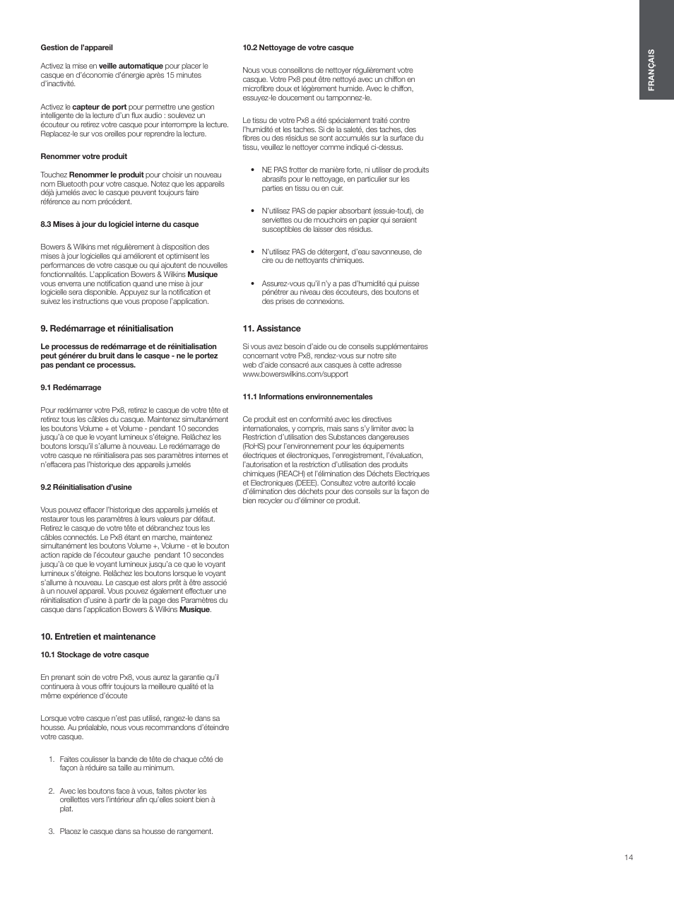 3 mises à jour du logiciel interne du casque, Redémarrage et réinitialisation, 1 redémarrage | 2 réinitialisation d’usine, Entretien et maintenance, 1 stockage de votre casque, 2 nettoyage de votre casque, Assistance, 1 informations environnementales | Bowers & Wilkins Px8 Noise-Canceling Wireless Over-Ear Headphones (Royal Burgundy) User Manual | Page 14 / 120
