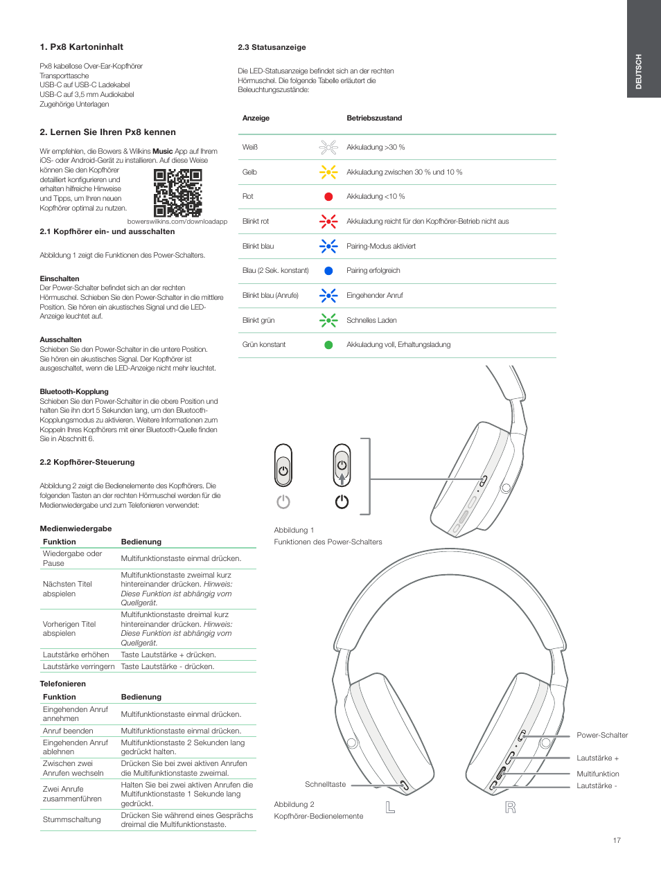 Px8 kartoninhalt, Lernen sie ihren px8 kennen, 1 kopfhörer ein- und ausschalten | 2 kopfhörer-steuerung, 3 statusanzeige | Bowers & Wilkins Px8 Noise-Canceling Wireless Over-Ear Headphones (Royal Burgundy) User Manual | Page 17 / 120