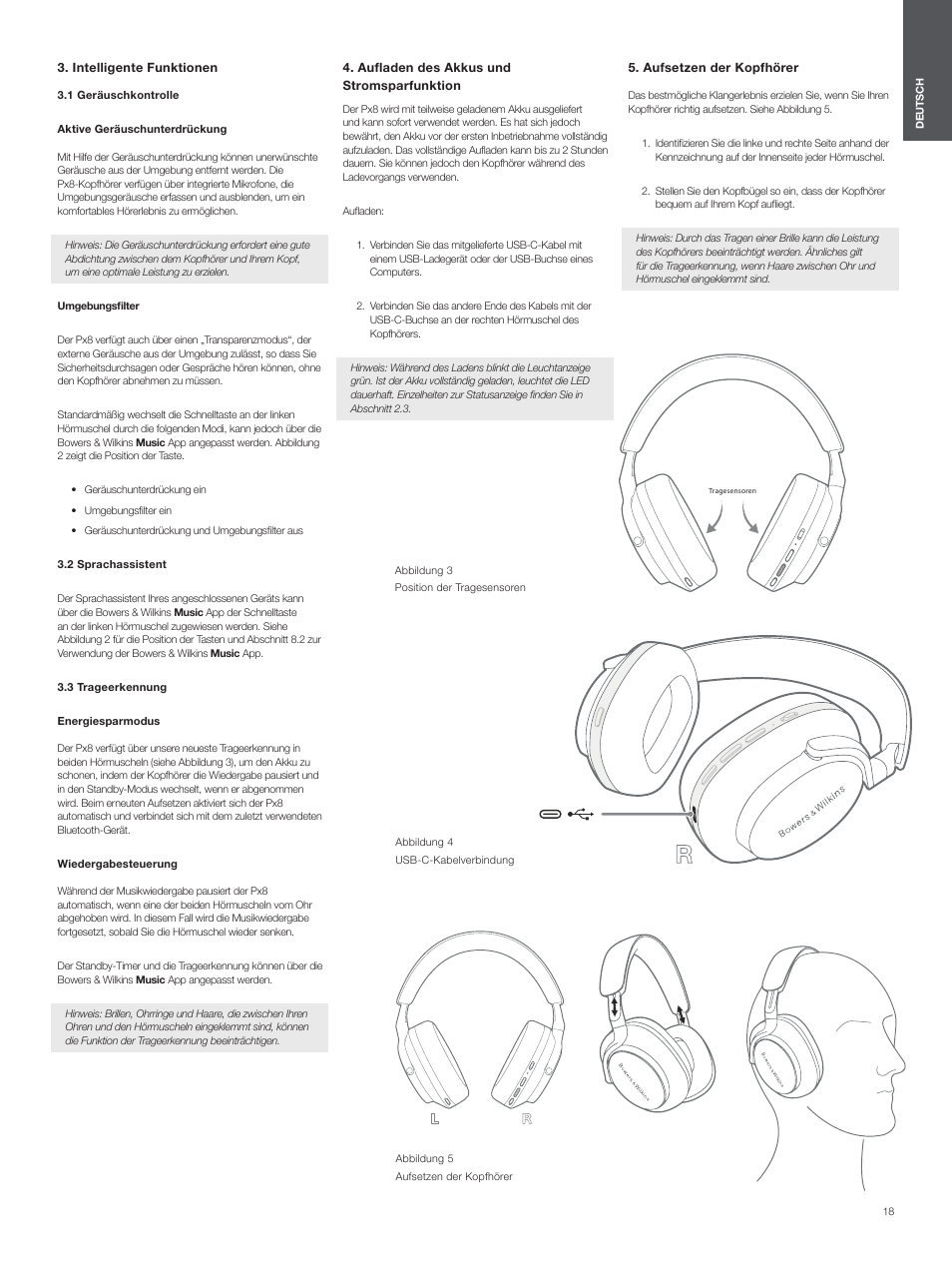 Intelligente funktionen, 1 geräuschkontrolle, 2 sprachassistent | 3 trageerkennung, Aufladen des akkus und stromsparfunktion, Aufsetzen der kopfhörer | Bowers & Wilkins Px8 Noise-Canceling Wireless Over-Ear Headphones (Royal Burgundy) User Manual | Page 18 / 120