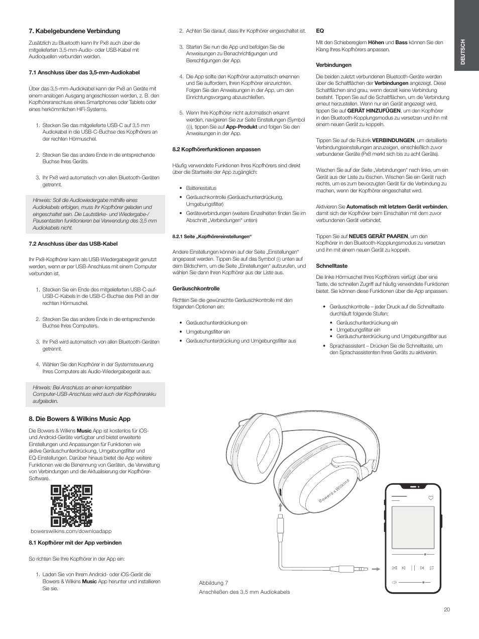 Kabelgebundene verbindung, 1 anschluss über das 3,5-mm-audiokabel, 2 anschluss über das usb-kabel | Die bowers & wilkins music app, 1 kopfhörer mit der app verbinden, 2 kopfhörerfunktionen anpassen, 1 seite „kopfhörereinstellungen | Bowers & Wilkins Px8 Noise-Canceling Wireless Over-Ear Headphones (Royal Burgundy) User Manual | Page 20 / 120