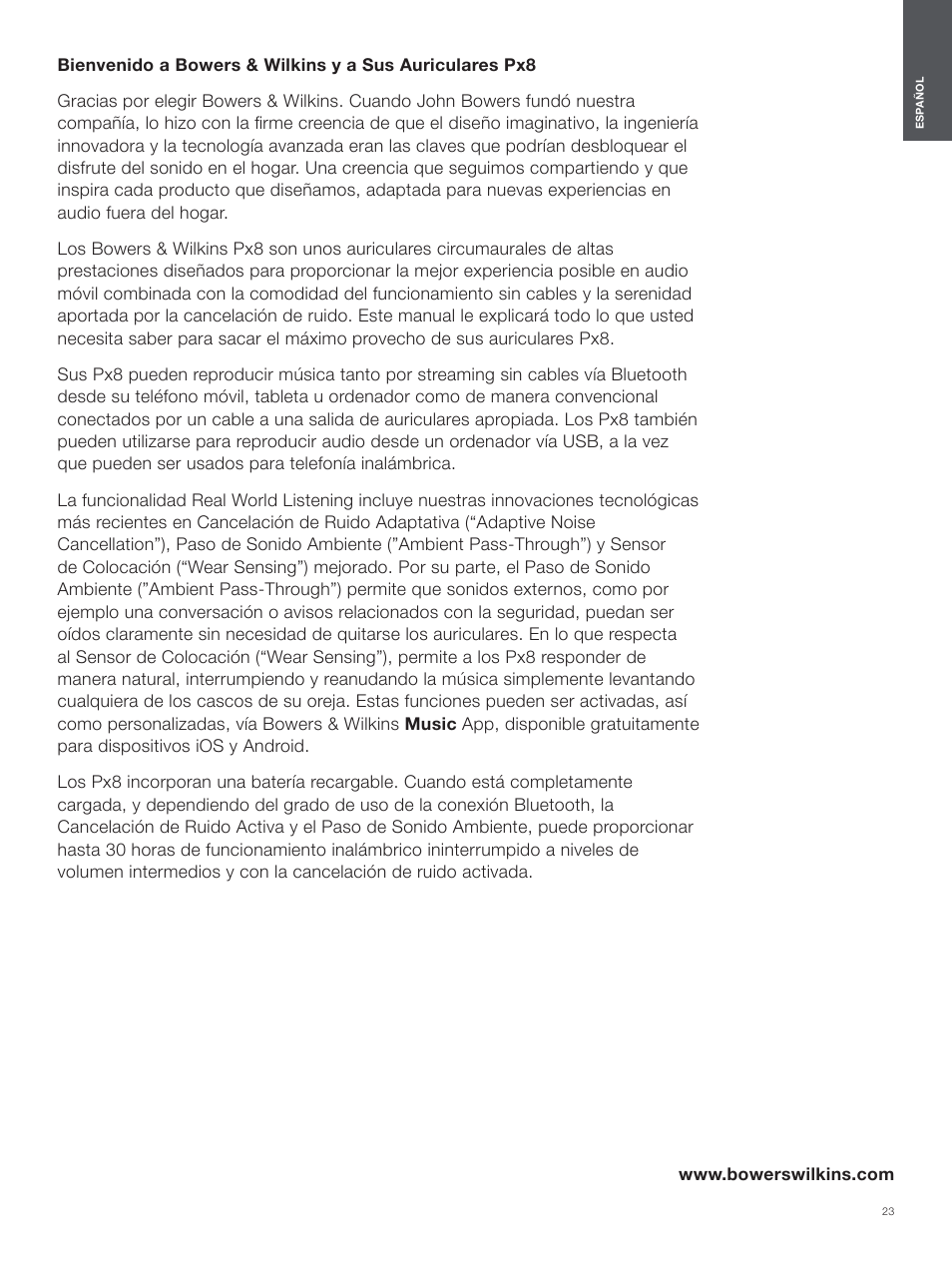 Español | Bowers & Wilkins Px8 Noise-Canceling Wireless Over-Ear Headphones (Royal Burgundy) User Manual | Page 23 / 120