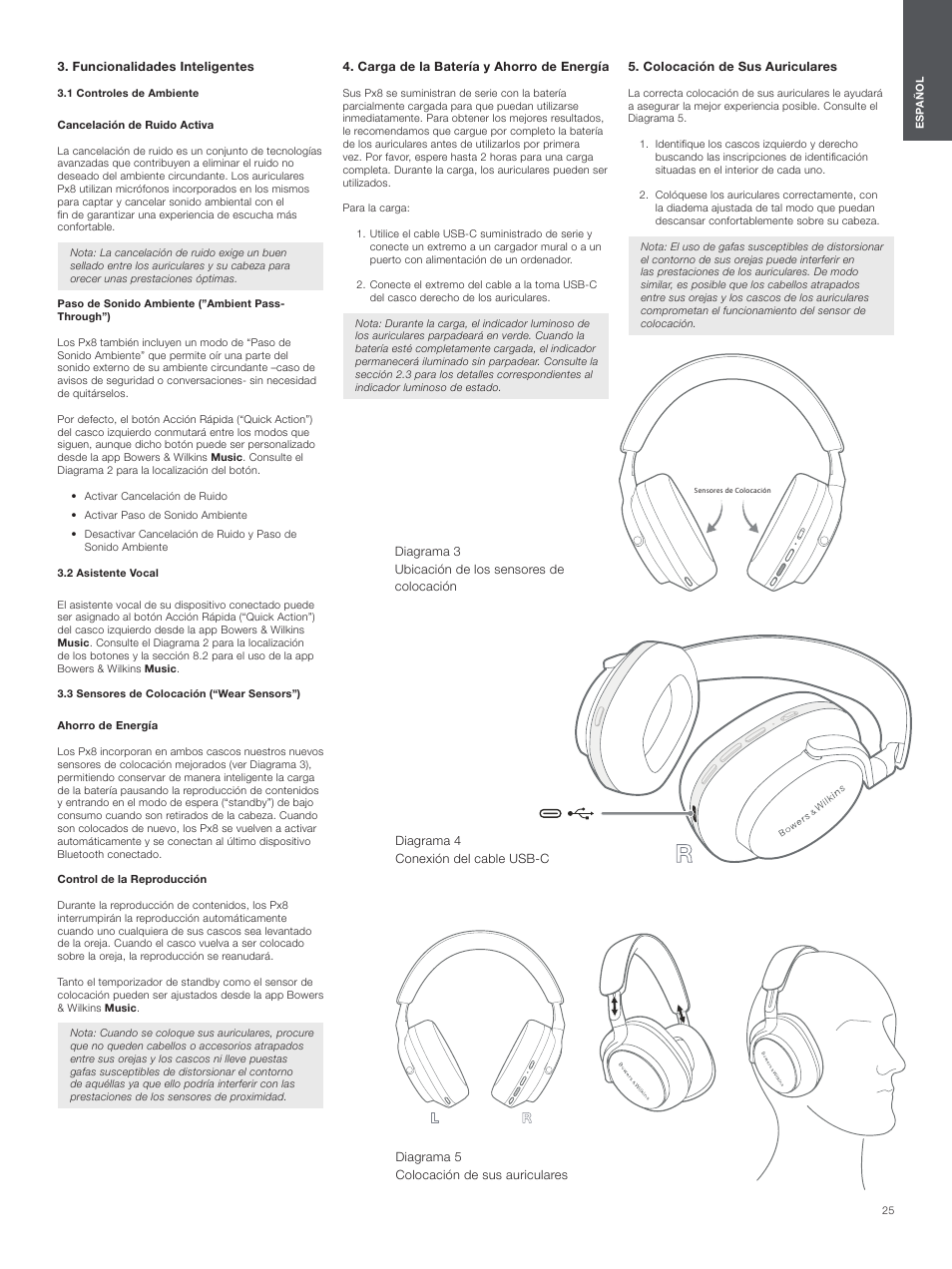 Funcionalidades inteligentes, 1 controles de ambiente, 2 asistente vocal | 3 sensores de colocación (“wear sensors”), Carga de la batería y ahorro de energía, Colocación de sus auriculares | Bowers & Wilkins Px8 Noise-Canceling Wireless Over-Ear Headphones (Royal Burgundy) User Manual | Page 25 / 120