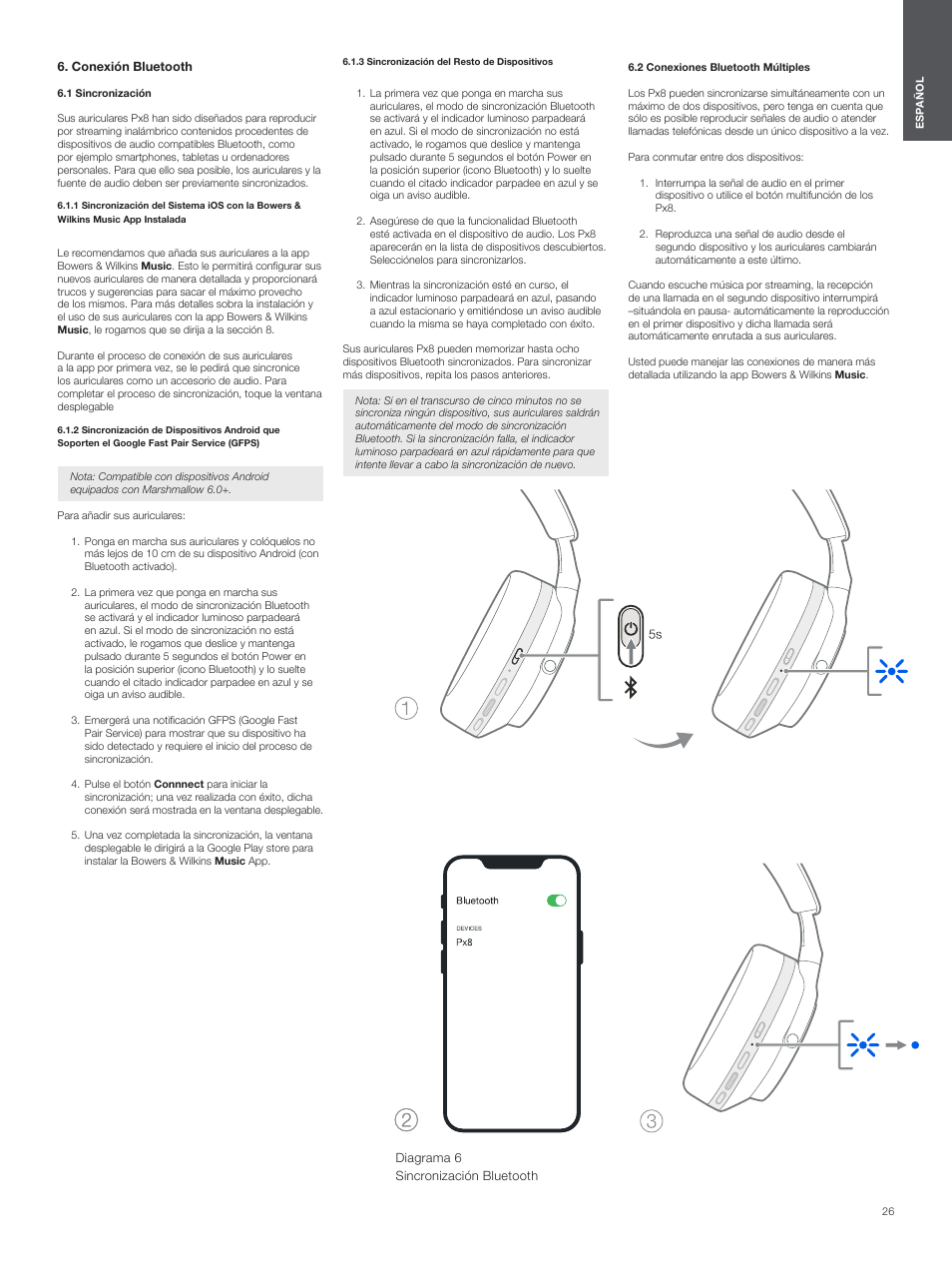 Conexión bluetooth, 1 sincronización, 3 sincronización del resto de dispositivos | 2 conexiones bluetooth múltiples | Bowers & Wilkins Px8 Noise-Canceling Wireless Over-Ear Headphones (Royal Burgundy) User Manual | Page 26 / 120
