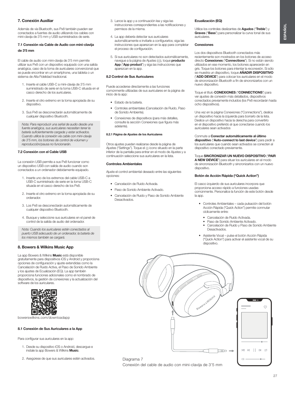 Conexión auxiliar, 2 conexión con el cable usb, Bowers & wilkins music app | 1 conexión de sus auriculares a la app, 2 control de sus auriculares | Bowers & Wilkins Px8 Noise-Canceling Wireless Over-Ear Headphones (Royal Burgundy) User Manual | Page 27 / 120