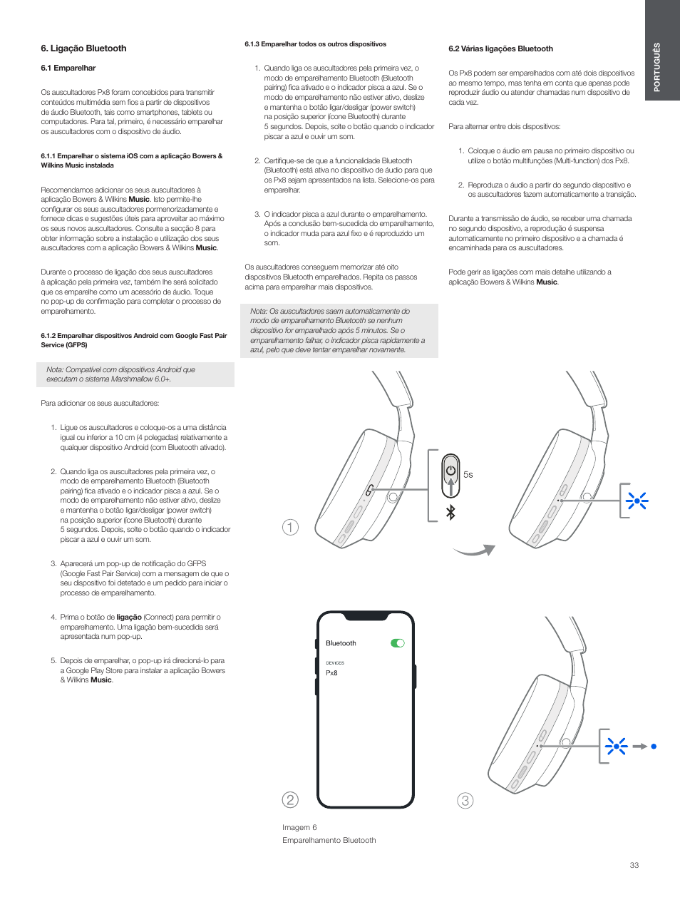 Ligação bluetooth, 1 emparelhar, 3 emparelhar todos os outros dispositivos | 2 várias ligações bluetooth | Bowers & Wilkins Px8 Noise-Canceling Wireless Over-Ear Headphones (Royal Burgundy) User Manual | Page 33 / 120