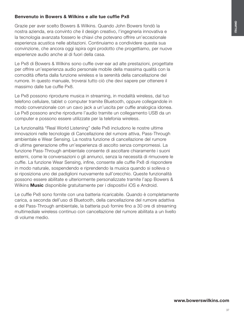 Italiano | Bowers & Wilkins Px8 Noise-Canceling Wireless Over-Ear Headphones (Royal Burgundy) User Manual | Page 37 / 120