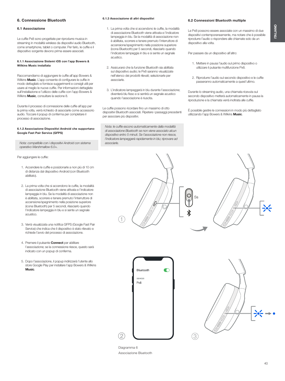 Connessione bluetooth, 1 associazione, 3 associazione di altri dispositivi | 2 connessioni bluetooth multiple | Bowers & Wilkins Px8 Noise-Canceling Wireless Over-Ear Headphones (Royal Burgundy) User Manual | Page 40 / 120