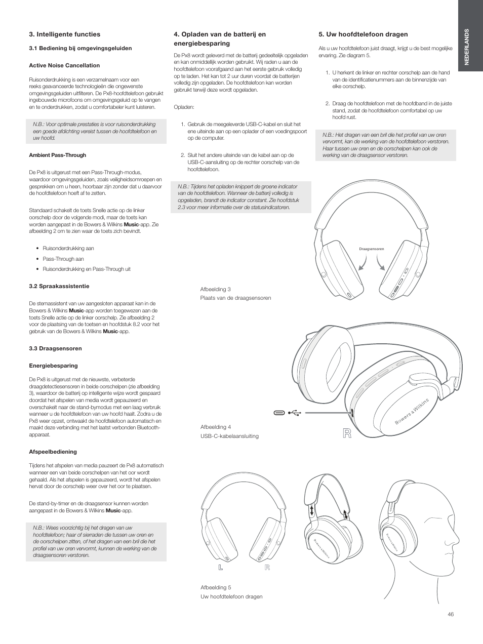 Intelligente functies, 1 bediening bij omgevingsgeluiden, 2 spraakassistentie | 3 draagsensoren, Opladen van de batterij en energiebesparing, Uw hoofdtelefoon dragen | Bowers & Wilkins Px8 Noise-Canceling Wireless Over-Ear Headphones (Royal Burgundy) User Manual | Page 46 / 120