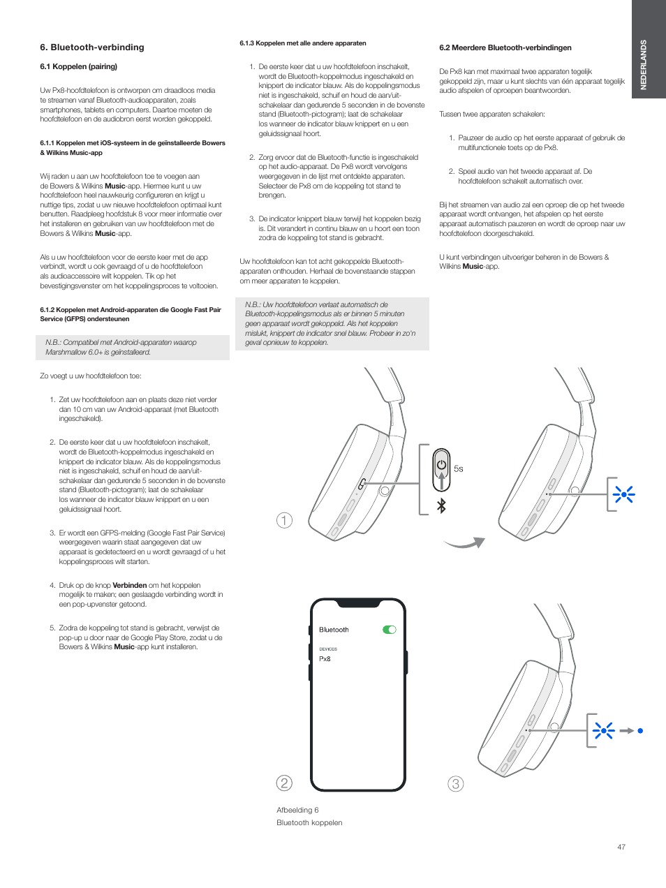 Bluetooth-verbinding, 1 koppelen (pairing), 3 koppelen met alle andere apparaten | 2 meerdere bluetooth-verbindingen | Bowers & Wilkins Px8 Noise-Canceling Wireless Over-Ear Headphones (Royal Burgundy) User Manual | Page 47 / 120