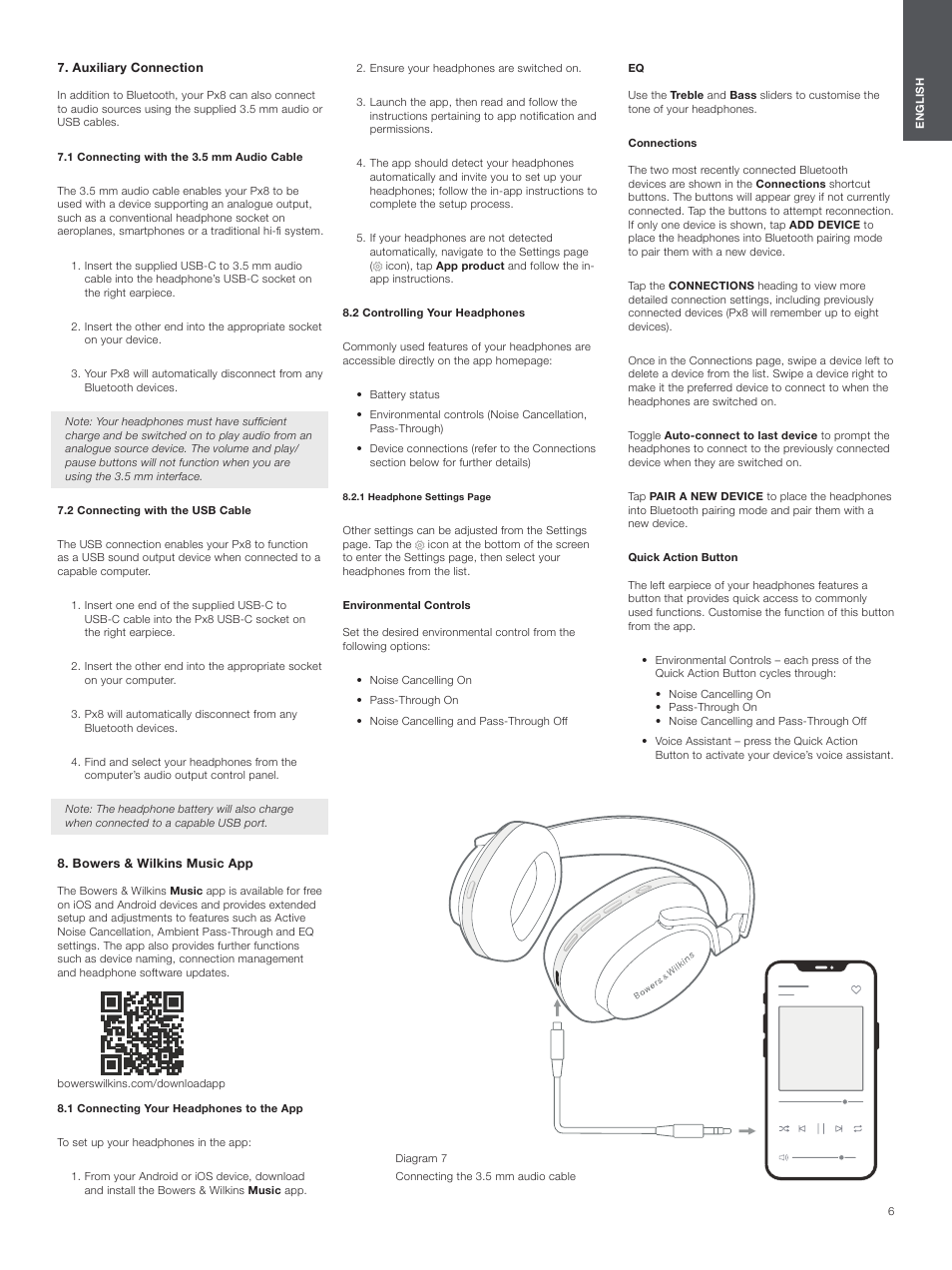 Auxiliary connection, 1 connecting with the 3.5 mm audio cable, 2 connecting with the usb cable | Bowers & wilkins music app, 1 connecting your headphones to the app, 2 controlling your headphones | Bowers & Wilkins Px8 Noise-Canceling Wireless Over-Ear Headphones (Royal Burgundy) User Manual | Page 6 / 120
