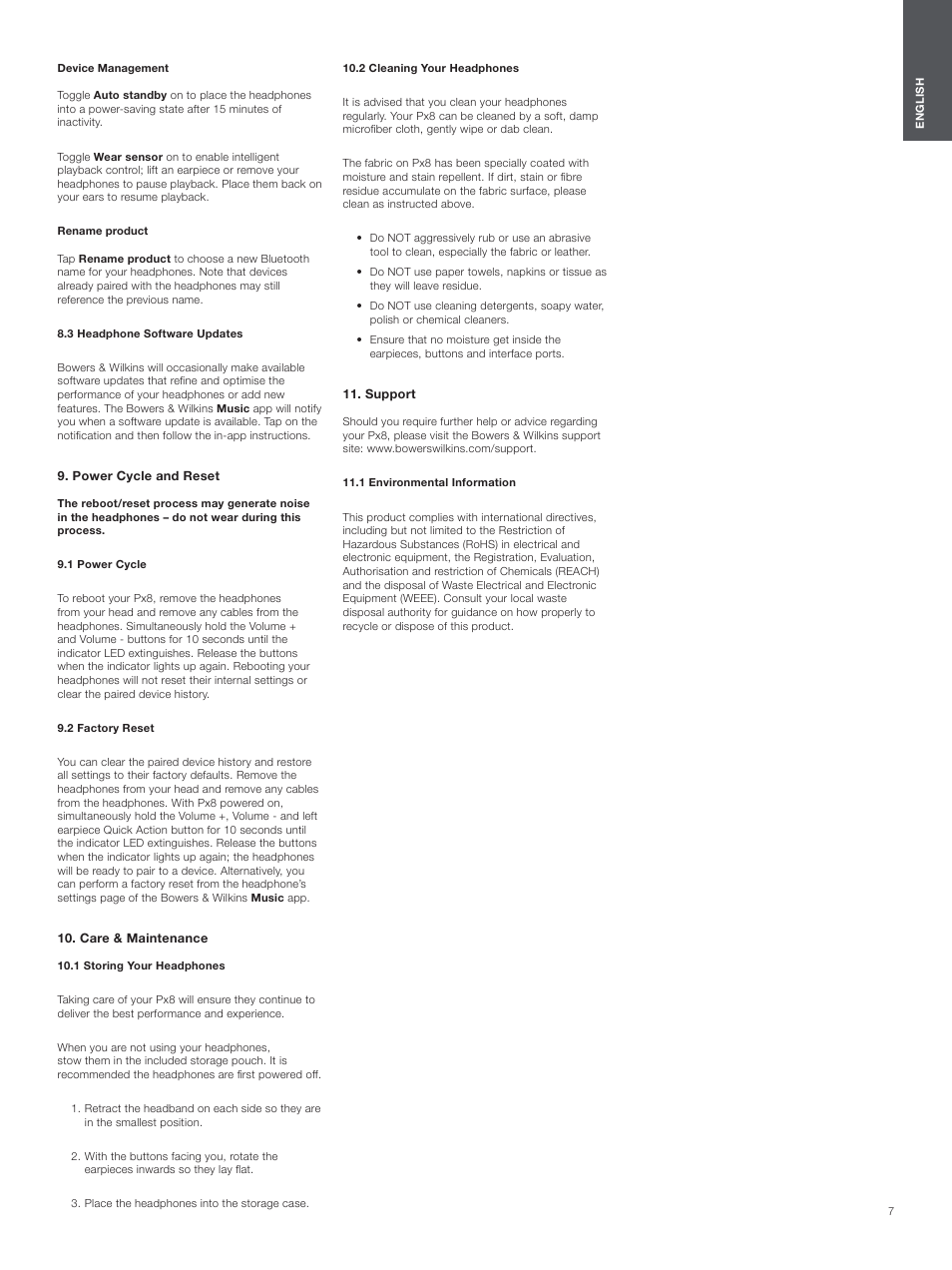 3 headphone software updates, Power cycle and reset, 1 power cycle | 2 factory reset, Care & maintenance, 1 storing your headphones, 2 cleaning your headphones, Support, 1 environmental information | Bowers & Wilkins Px8 Noise-Canceling Wireless Over-Ear Headphones (Royal Burgundy) User Manual | Page 7 / 120