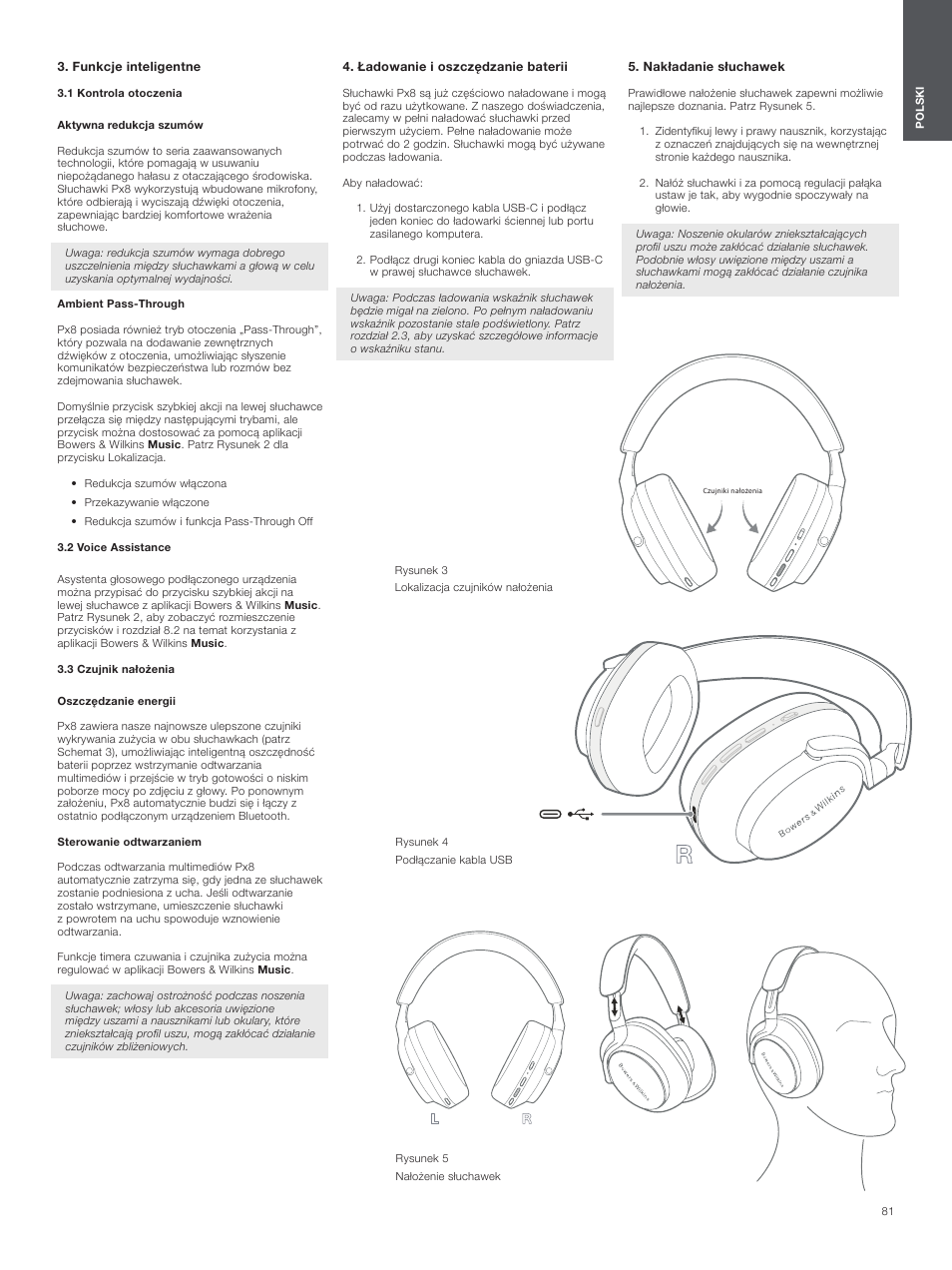 Funkcje inteligentne, 1 kontrola otoczenia, 2 voice assistance | 3 czujnik nałożenia, Ładowanie i oszczędzanie baterii, Nakładanie słuchawek | Bowers & Wilkins Px8 Noise-Canceling Wireless Over-Ear Headphones (Royal Burgundy) User Manual | Page 81 / 120