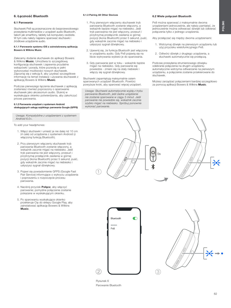 Łączność bluetooth, 1 parowanie, 3 pairing all other devices | 2 wiele połączeń bluetooth | Bowers & Wilkins Px8 Noise-Canceling Wireless Over-Ear Headphones (Royal Burgundy) User Manual | Page 82 / 120