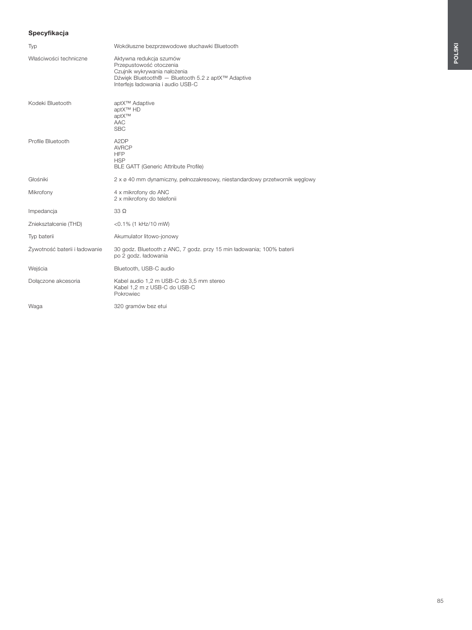 Specyfikacja | Bowers & Wilkins Px8 Noise-Canceling Wireless Over-Ear Headphones (Royal Burgundy) User Manual | Page 85 / 120