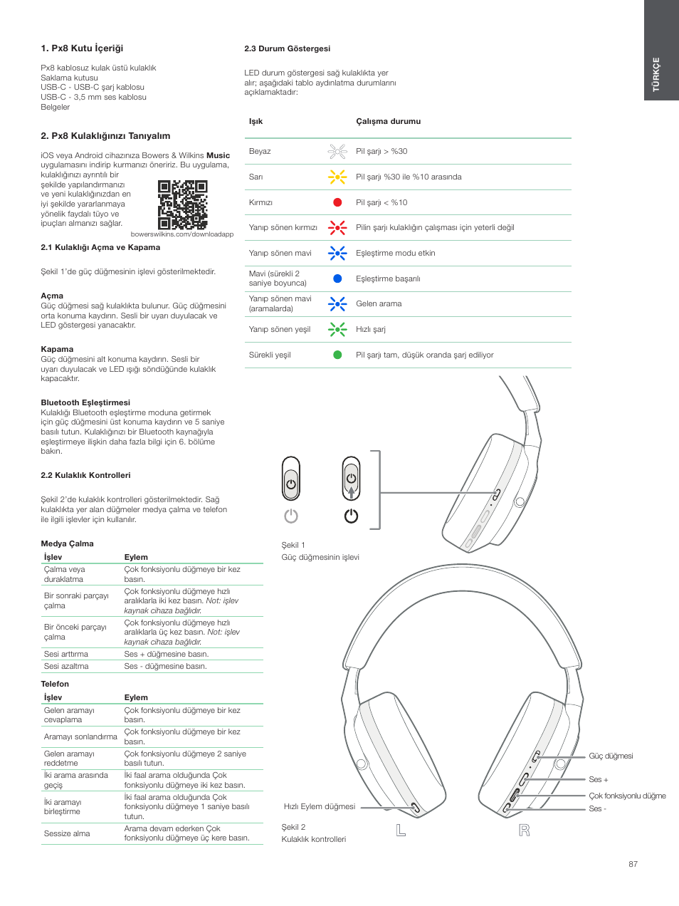 Px8 kutu i̇çeriği, Px8 kulaklığınızı tanıyalım, 1 kulaklığı açma ve kapama | 2 kulaklık kontrolleri, 3 durum göstergesi | Bowers & Wilkins Px8 Noise-Canceling Wireless Over-Ear Headphones (Royal Burgundy) User Manual | Page 87 / 120