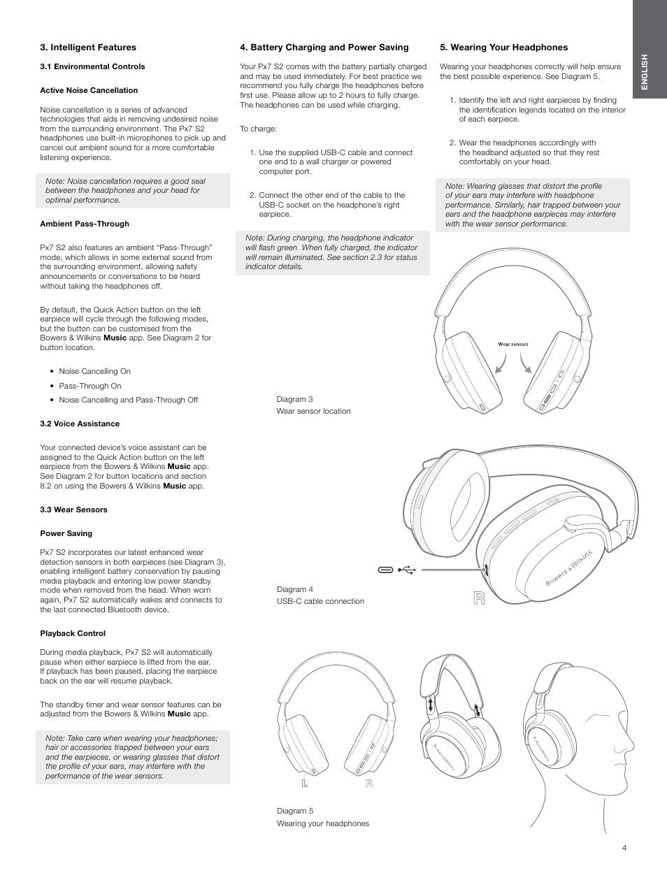 Intelligent features, 1 environmental controls, 2 voice assistance | 3 wear sensors, Battery charging and power saving, Wearing your headphones | Bowers & Wilkins Px7 S2 Noise-Canceling Wireless Over-Ear Headphones (Gray) User Manual | Page 4 / 8