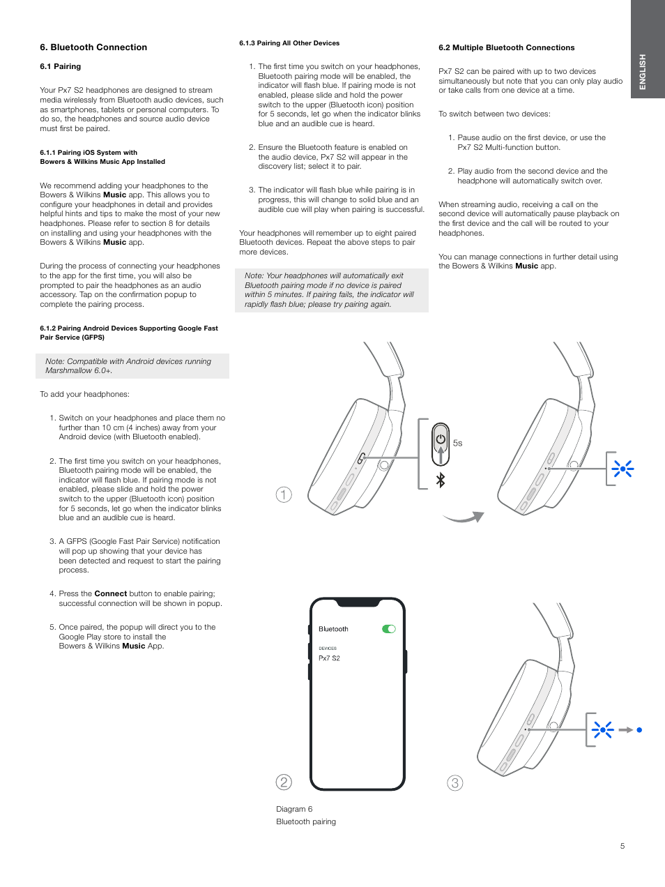 Bluetooth connection, 1 pairing, 3 pairing all other devices | 2 multiple bluetooth connections | Bowers & Wilkins Px7 S2 Noise-Canceling Wireless Over-Ear Headphones (Gray) User Manual | Page 5 / 8