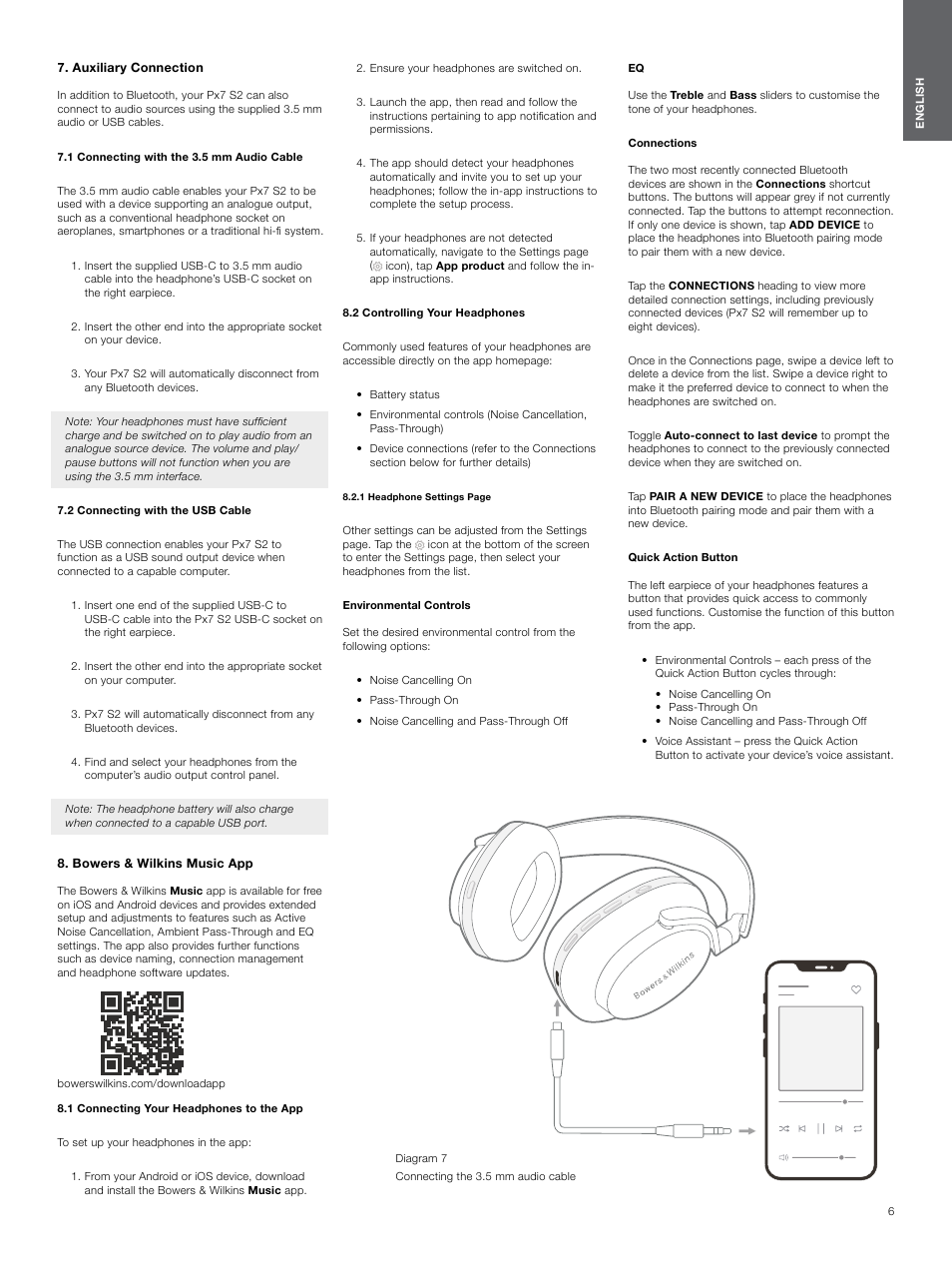 Auxiliary connection, 1 connecting with the 3.5 mm audio cable, 2 connecting with the usb cable | Bowers & wilkins music app, 1 connecting your headphones to the app, 2 controlling your headphones | Bowers & Wilkins Px7 S2 Noise-Canceling Wireless Over-Ear Headphones (Gray) User Manual | Page 6 / 8