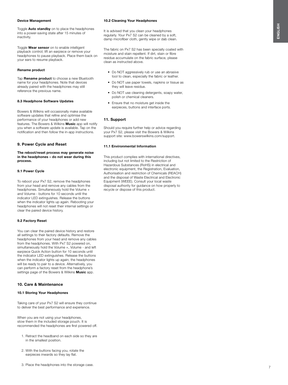 3 headphone software updates, Power cycle and reset, 1 power cycle | 2 factory reset, Care & maintenance, 1 storing your headphones, 2 cleaning your headphones, Support, 1 environmental information | Bowers & Wilkins Px7 S2 Noise-Canceling Wireless Over-Ear Headphones (Gray) User Manual | Page 7 / 8