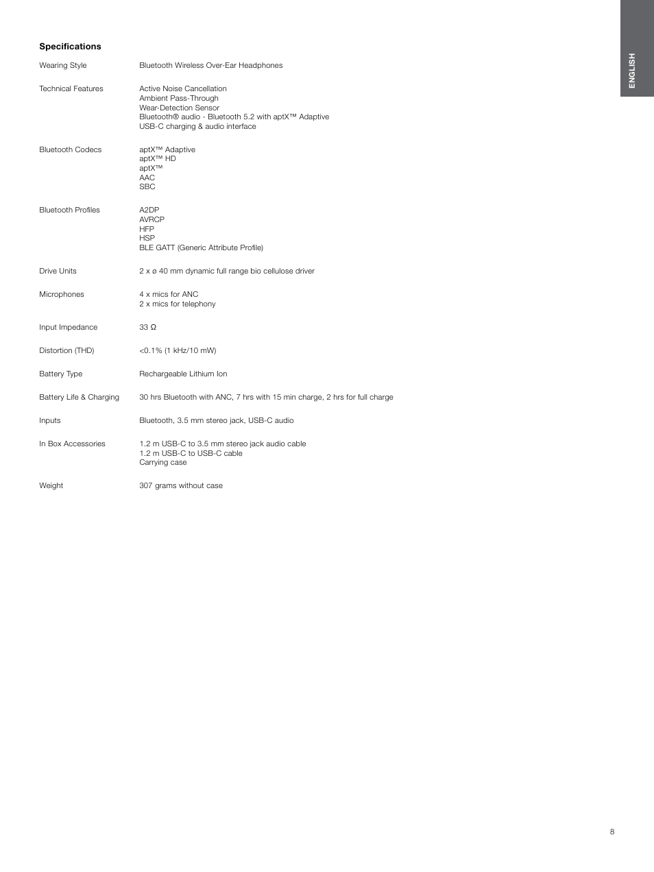 Specifications | Bowers & Wilkins Px7 S2 Noise-Canceling Wireless Over-Ear Headphones (Gray) User Manual | Page 8 / 8