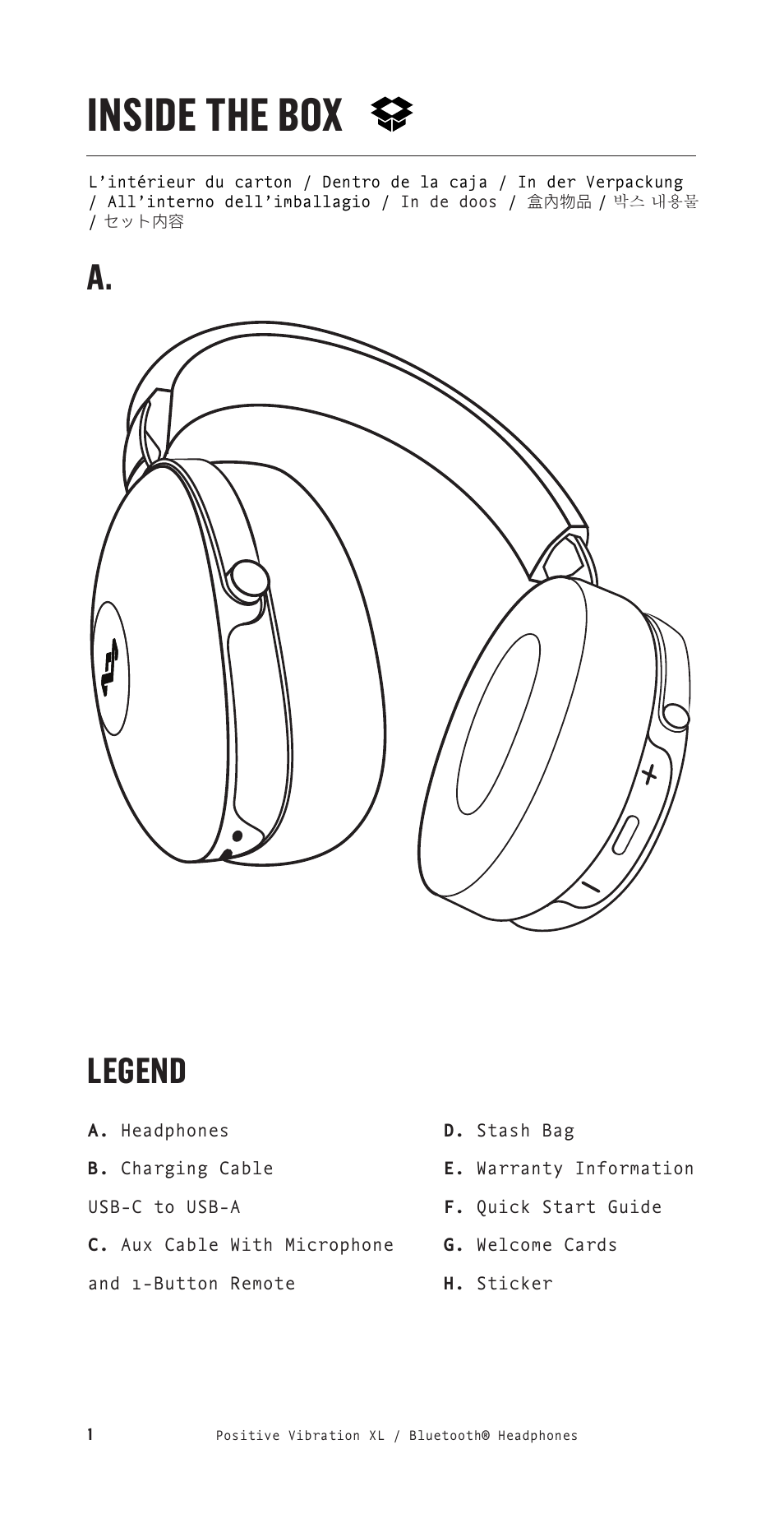 Inside the box, Legend | House of Marley Positive Vibration XL Noise-Canceling Wireless Over-Ear Headphones (Copper) User Manual | Page 2 / 24