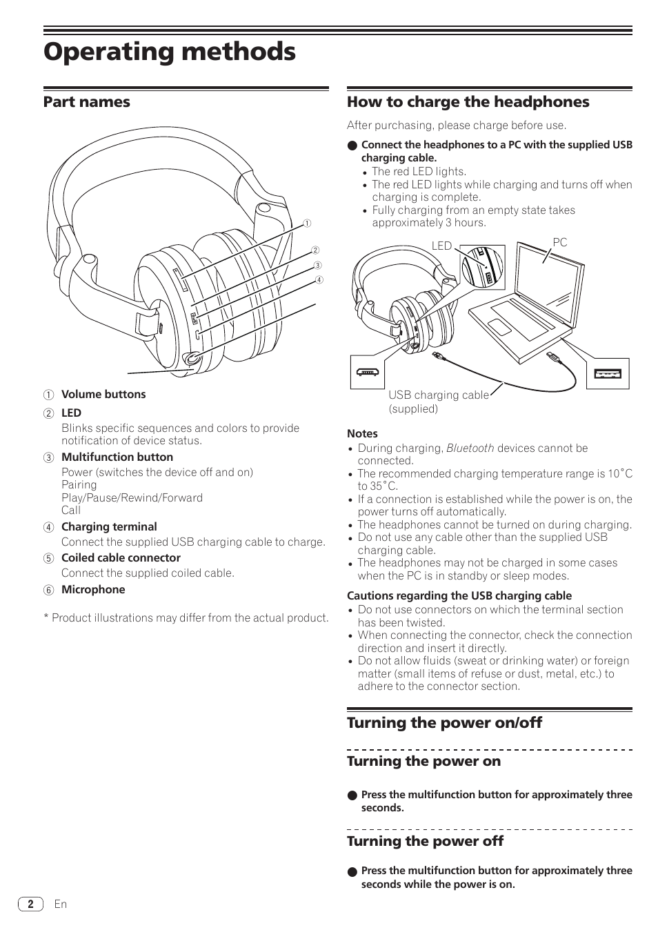 Operating methods, Part names, How to charge the headphones | Turning the power on/off, Turning the power on, Turning the power off | Pioneer HDJ-X5BT Bluetooth Over-Ear DJ Headphones (Metallic Black) User Manual | Page 2 / 9