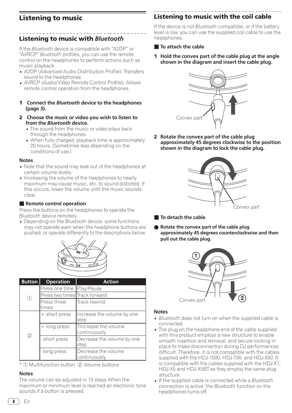 Listening to music, Listening to music with bluetooth, Listening to music with the coil cable | Pioneer HDJ-X5BT Bluetooth Over-Ear DJ Headphones (Metallic Black) User Manual | Page 4 / 9