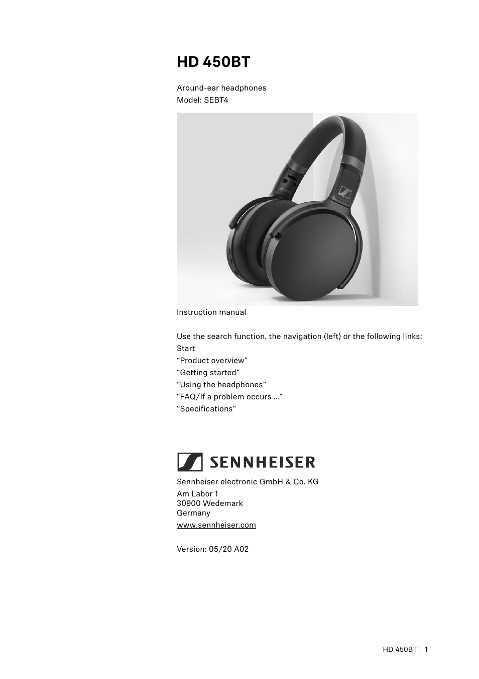 Sennheiser HD 450BT Noise-Canceling Wireless Over-Ear Headphones (White) User Manual | 33 pages