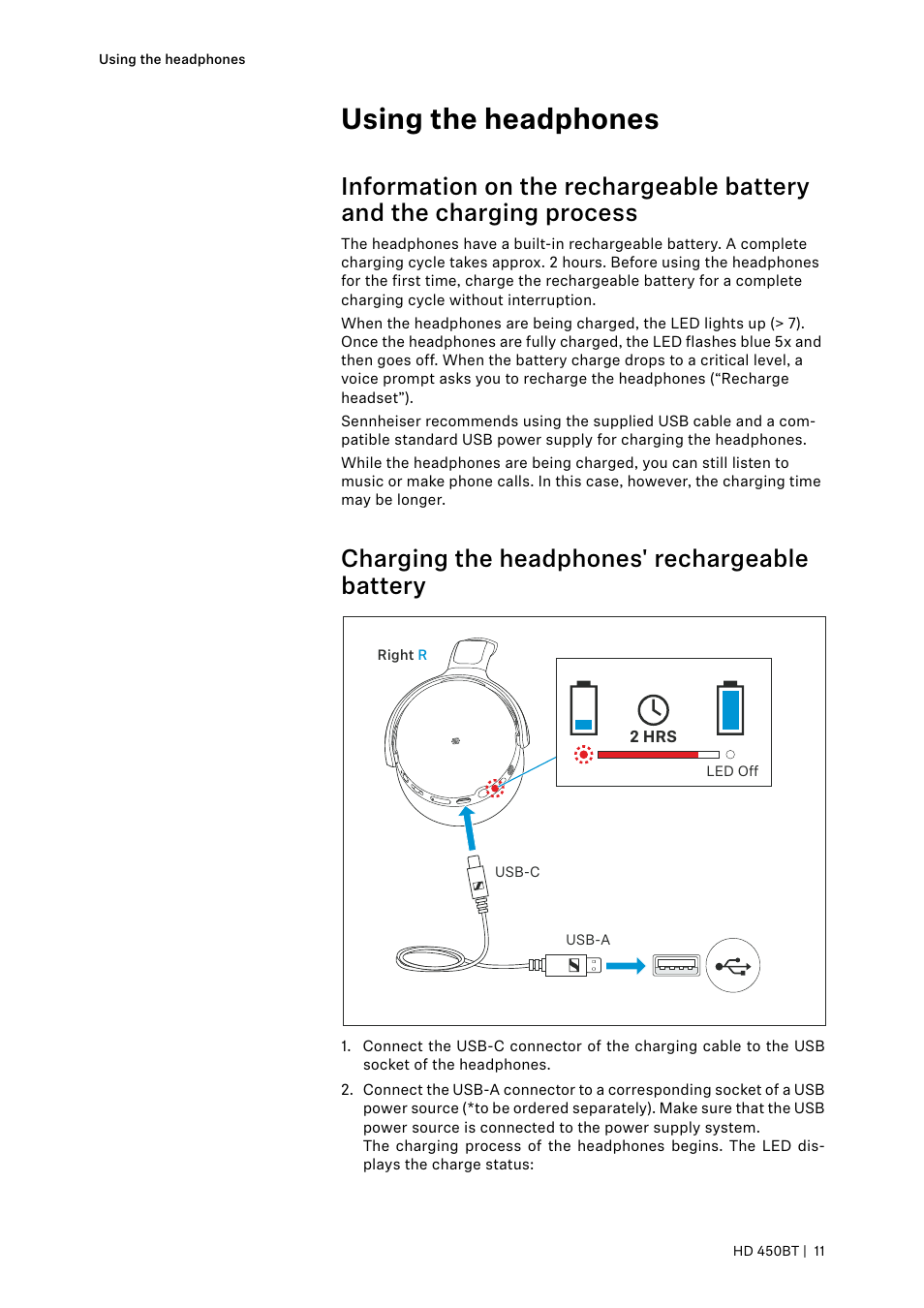 Using the headphones, Charging the headphones' rechargeable battery | Sennheiser HD 450BT Noise-Canceling Wireless Over-Ear Headphones (White) User Manual | Page 11 / 33