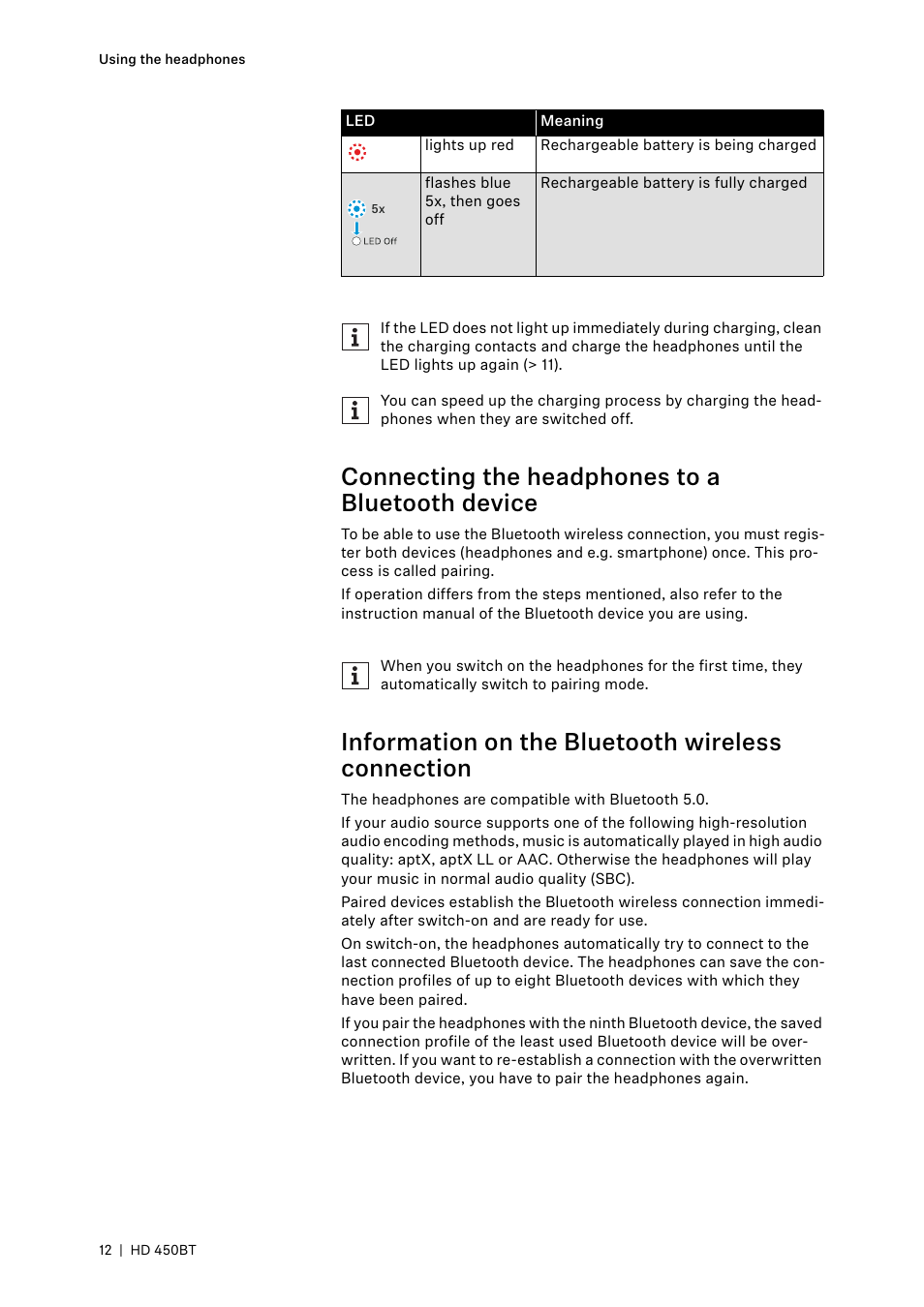 Connecting the headphones to a bluetooth device, Information on the bluetooth wireless connection | Sennheiser HD 450BT Noise-Canceling Wireless Over-Ear Headphones (White) User Manual | Page 12 / 33
