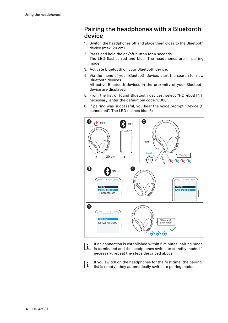 Pairing the headphones with a bluetooth device | Sennheiser HD 450BT Noise-Canceling Wireless Over-Ear Headphones (White) User Manual | Page 14 / 33