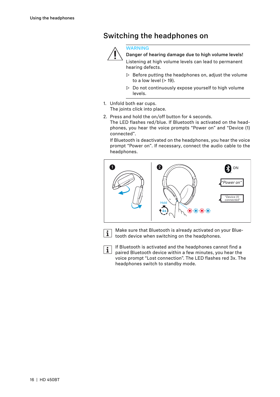 Switching the headphones on | Sennheiser HD 450BT Noise-Canceling Wireless Over-Ear Headphones (White) User Manual | Page 16 / 33
