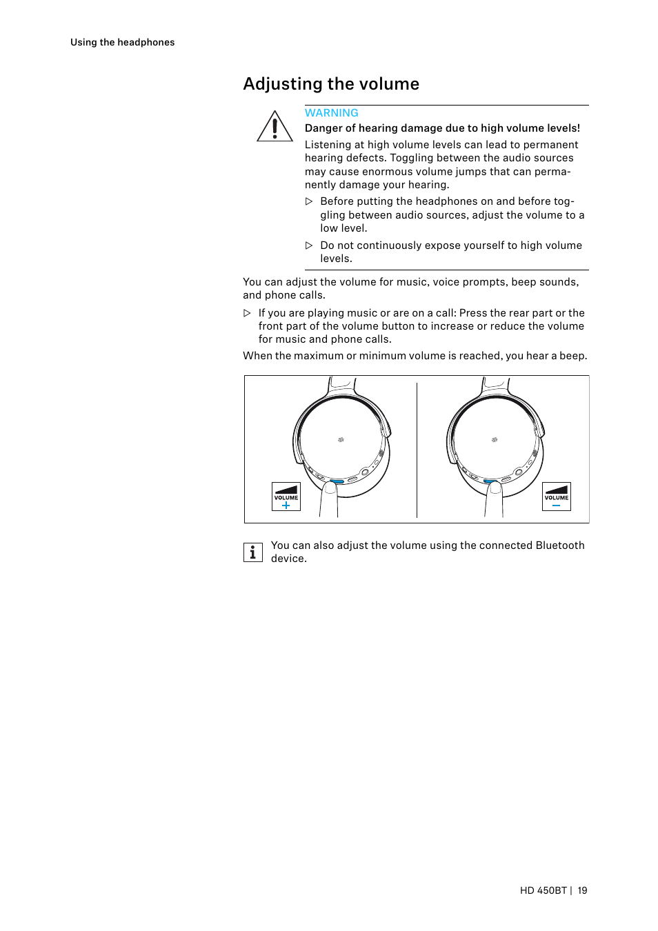 Adjusting the volume | Sennheiser HD 450BT Noise-Canceling Wireless Over-Ear Headphones (White) User Manual | Page 19 / 33