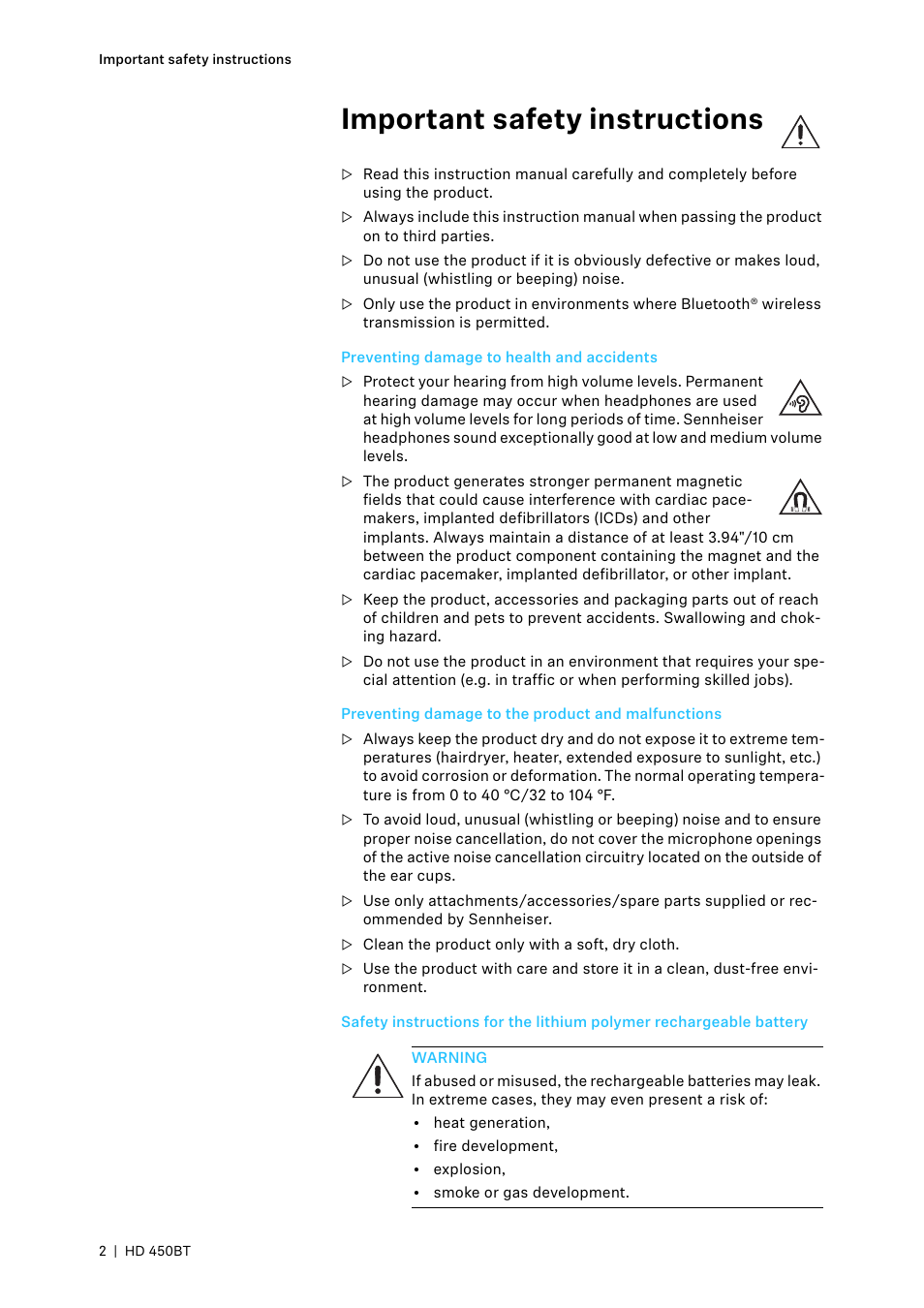 Important safety instructions, Preventing damage to health and accidents, Preventing damage to the product and malfunctions | Start | Sennheiser HD 450BT Noise-Canceling Wireless Over-Ear Headphones (White) User Manual | Page 2 / 33