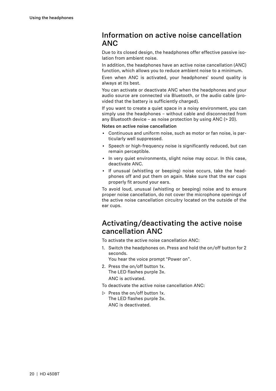 Information on active noise cancellation anc | Sennheiser HD 450BT Noise-Canceling Wireless Over-Ear Headphones (White) User Manual | Page 20 / 33